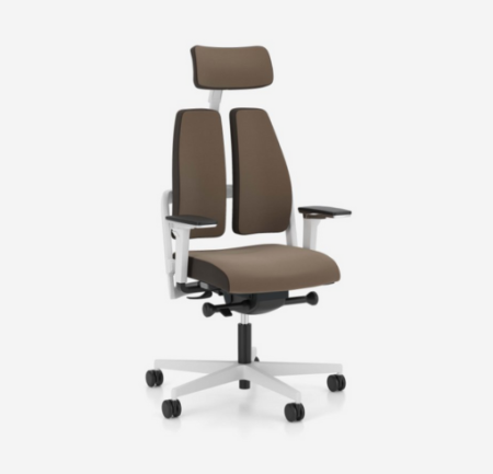 photo siège ergonomique duo back XELION avec dossier divisé en 2 parties vue de coté coloris blanc et marron