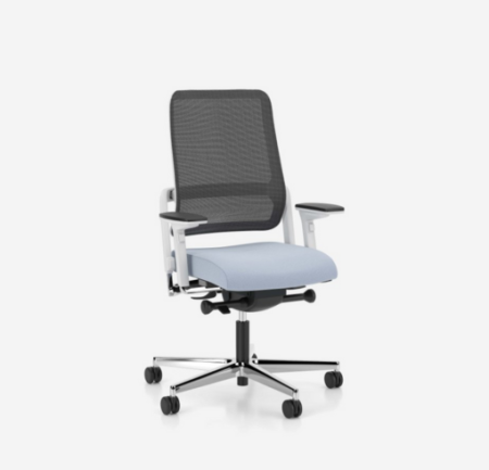 photo siège ergonomique avec assise breveté coloris blanc et bleu avec accoudoirs et renfort lombaires vue de face