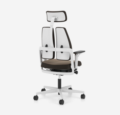 photo siège ergonomique duo back XELION avec dossier divisé en 2 parties vue de dos coloris blanc et marron