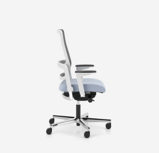 photo siège ergonomique avec assise breveté coloris blanc et bleu avec accoudoirs et renfort lombaires vue de coté