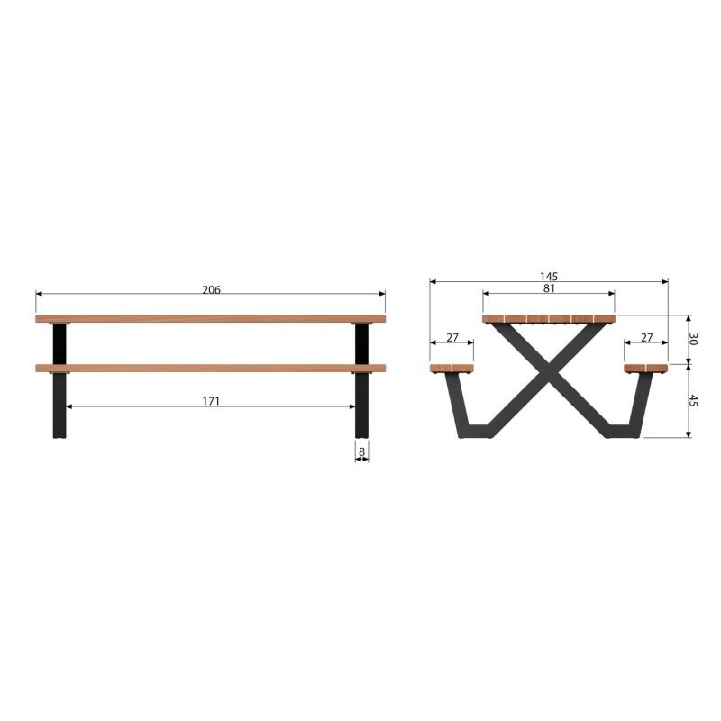 Dimensions table PICKNICK extérieur avec banc intégré en bois et métal